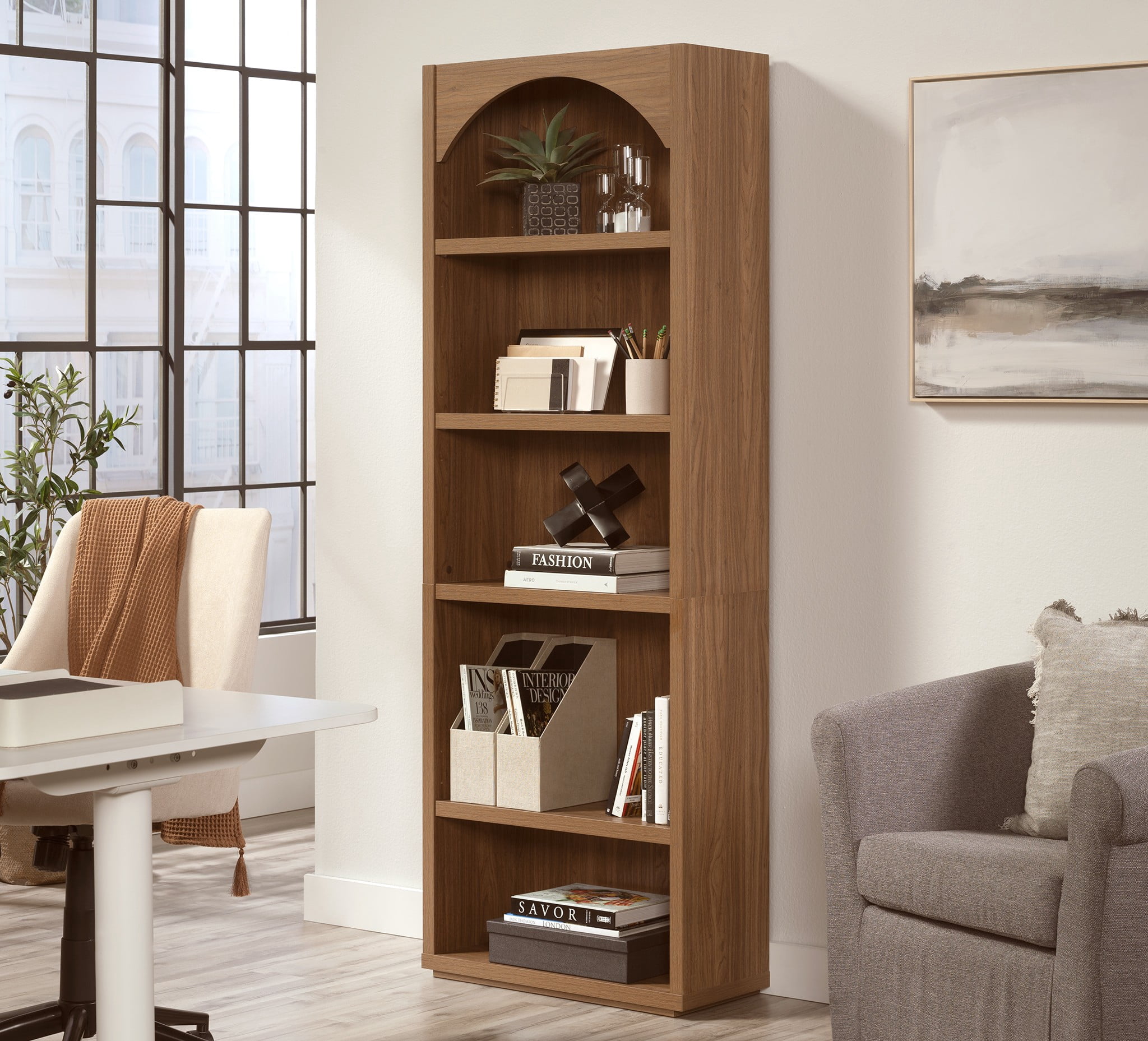 Mainstays Westley 5 Shelf Arch Bookcase, Warm Walnut Finish