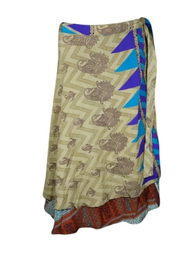 Mogul Women Beige Wrap Around Skirt 2 Layer Printed Vintage Sari Reversible Beach Wear Wrap Skirts