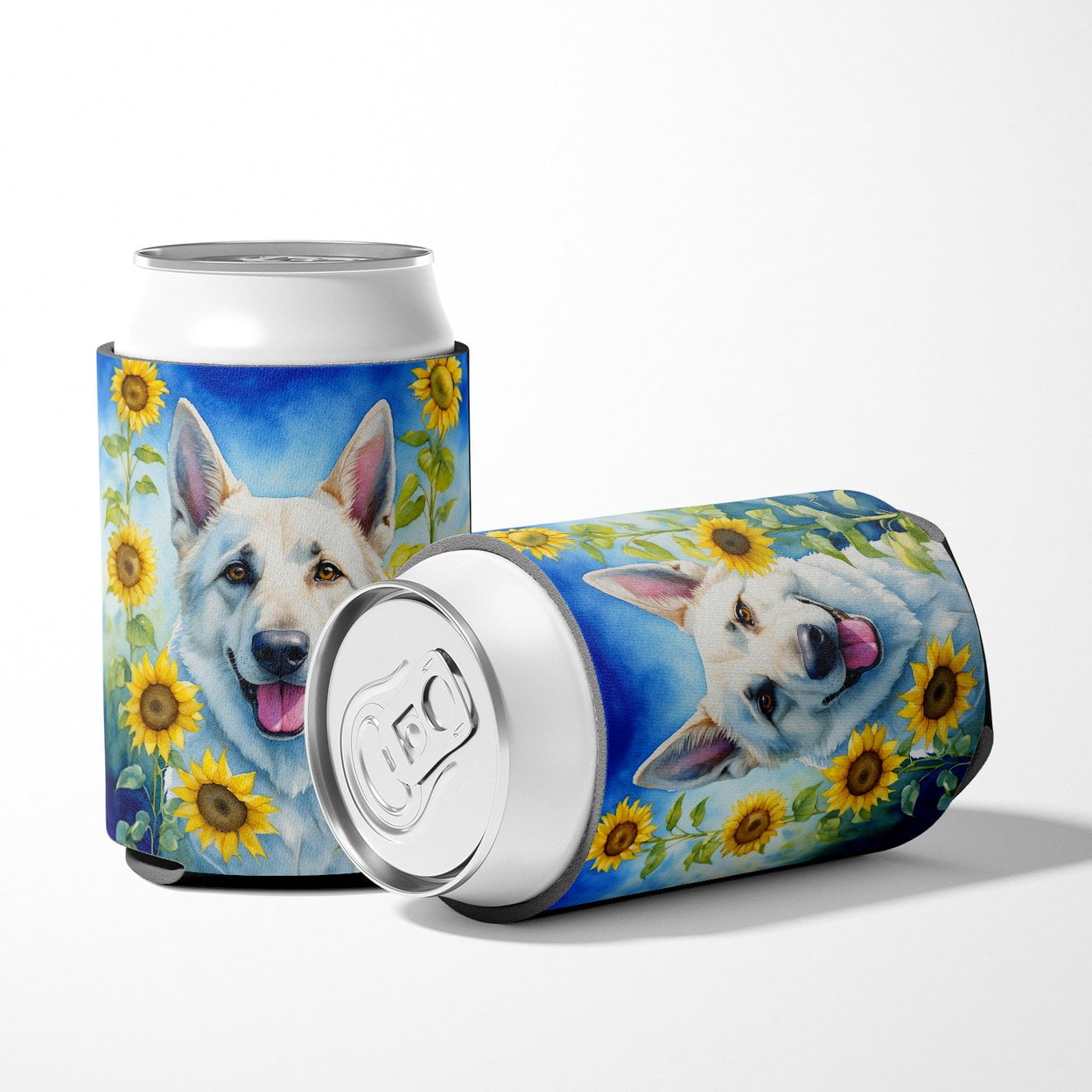White German Shepherd in Sunflowers Can or Bottle Hugger 3 in x 5 in