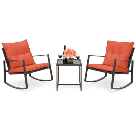 Best Choice Products 3-Piece Patio Wicker Bistro Furniture Set w/ 2 Rocking Chairs, Glass Side Table, Cushions -