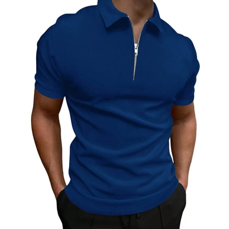 USNSM Men s Casual Solid Color Shirts Zipper Lapel Short Sleeve Tops Classic Golf Tees Basic Shirt Pullover Cotton Top Blue M