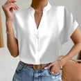 thumbnail image 2 of RYRJJ Women's Elegant Shirts Fashion Casual Loose Fit Short Sleeve V-Neck Shirt Tops Button Down Lightweight Stand Collar Blouse(White,S), 2 of 7