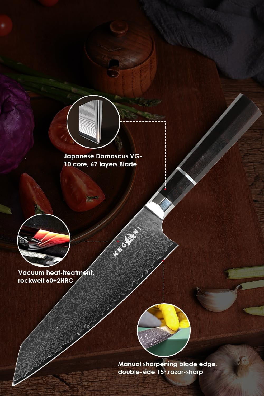 KEGANI 8" Japanese Kiritsuke Chef Knife, Japanese 67 Layers VG-10 Damascus Knife, Ebony FullTang Handle Natural Texture Japanese Knife Sushi Knife Gyuto Knife