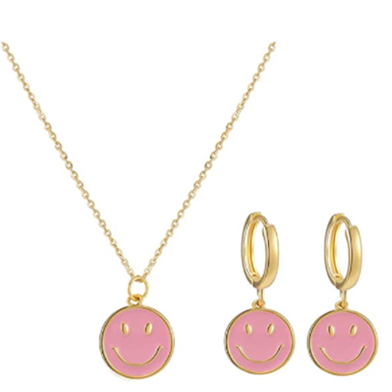 NYXBERRYT Smiley Face Earring and Smiley Face Necklace Set Dainty Preppy Smiley Face Jewelry Sets Hypoallergenic for Women Girls - Pink, Adult Unisex, Size: One