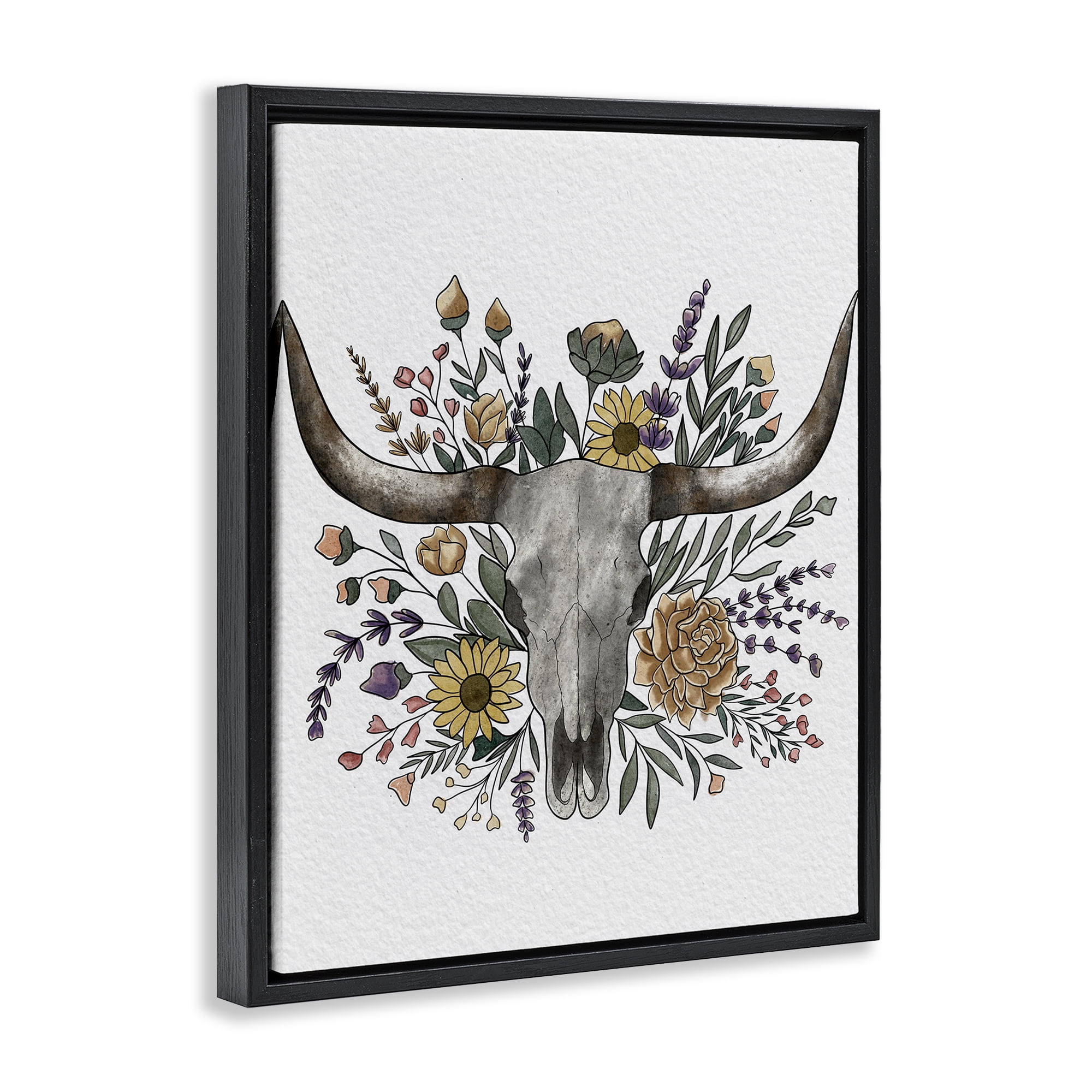 Stupell Industries Boho Wildflower Longhorn Black Framed Floater Canvas Wall Art, design by Alisha Kiara Design