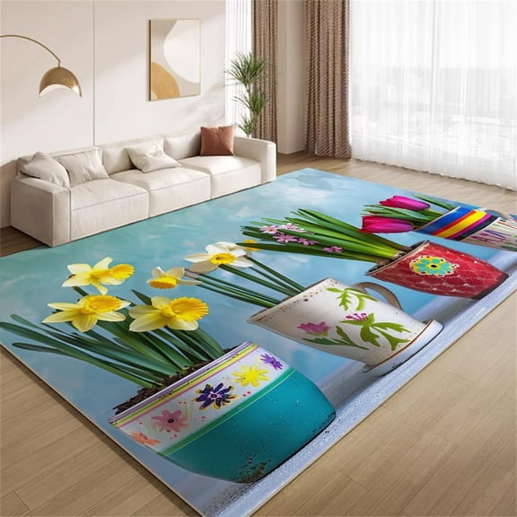Boho Flower Potted Plant Area Rugs, Watercolor Floral Carpet, Washable Non Slip Low Pile Soft Rug for Entryway Bedroom Home Decor Mat 2ftx3ft