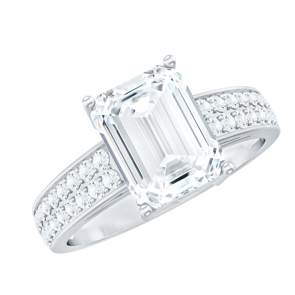 Rosec Jewels Moissanite Emerald Cut Engagement Ring with Side Stones - 7X9 mm - 2 Carat Ring - D-VS1 Quality Certified, 925 Sterling Silver, US 4.00