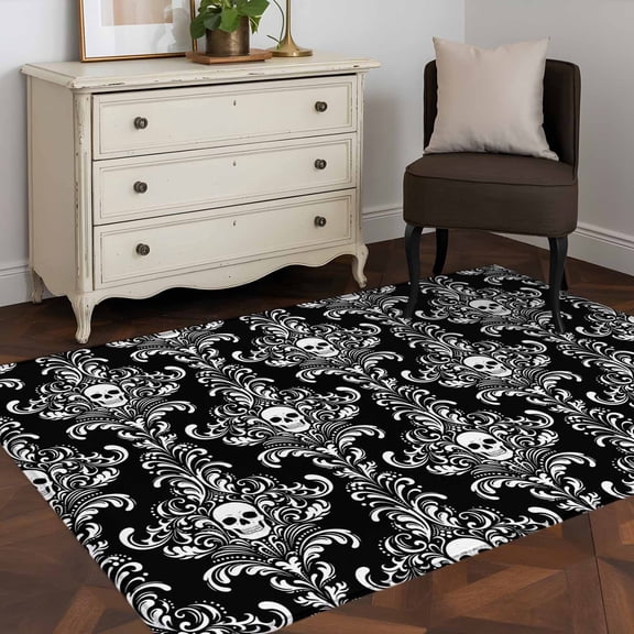 3'x5' Area Rugs, Horrible Skull Indoor Outdoor Area Rug for Living Room Bedroom, Halloween Black Flowers Skeleton Washable Bathroom Rugs Kitchen Floor Carpet Mats Home Decor Aesthetic