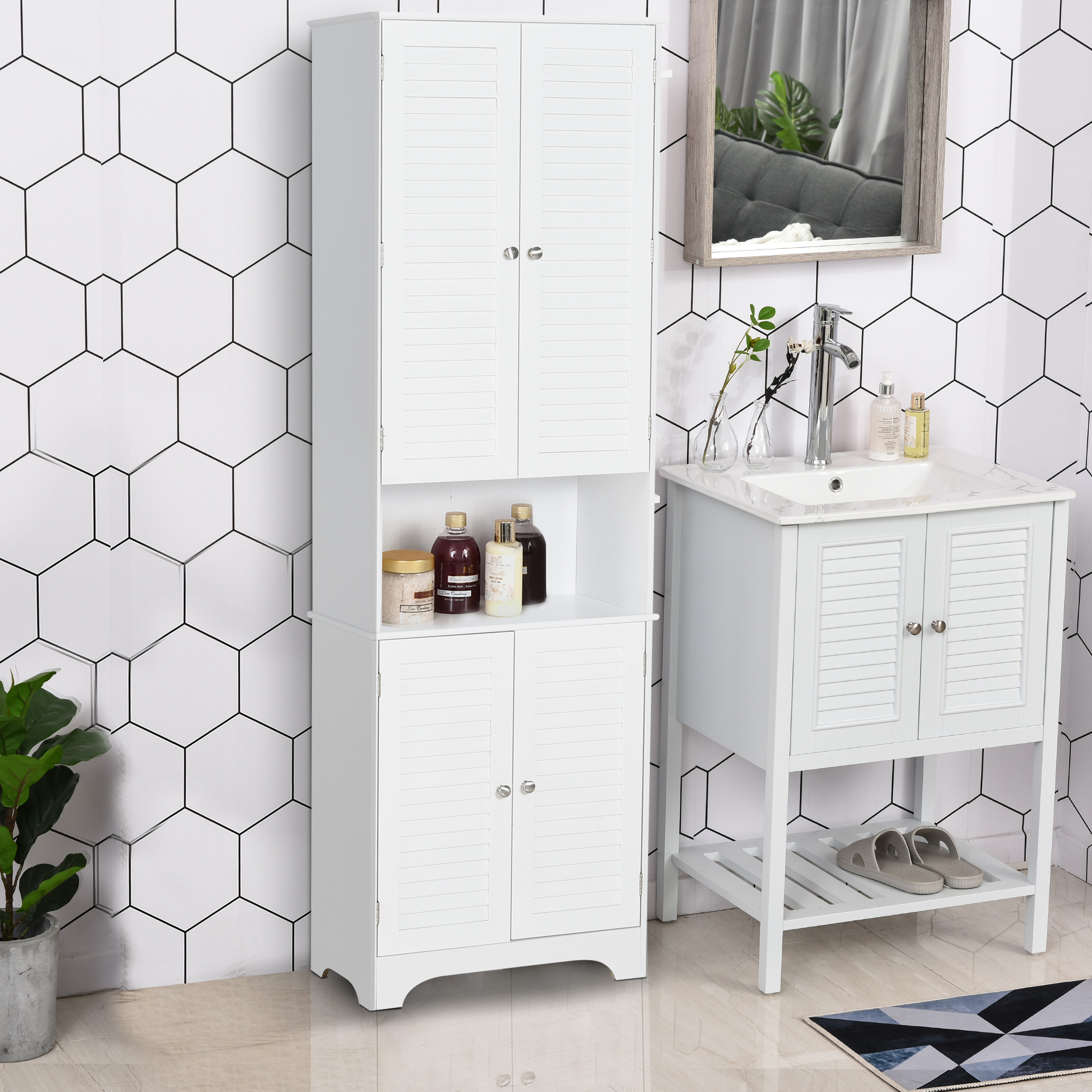 Freestanding Bathroom Storage Cabinet With Shutter Doors And Adjustable Shelves Toilet Vanity Narrow Organizer White Com Freestanding Bathroom Storage Cabinet, Freestanding Bathroom Storage With Mirror