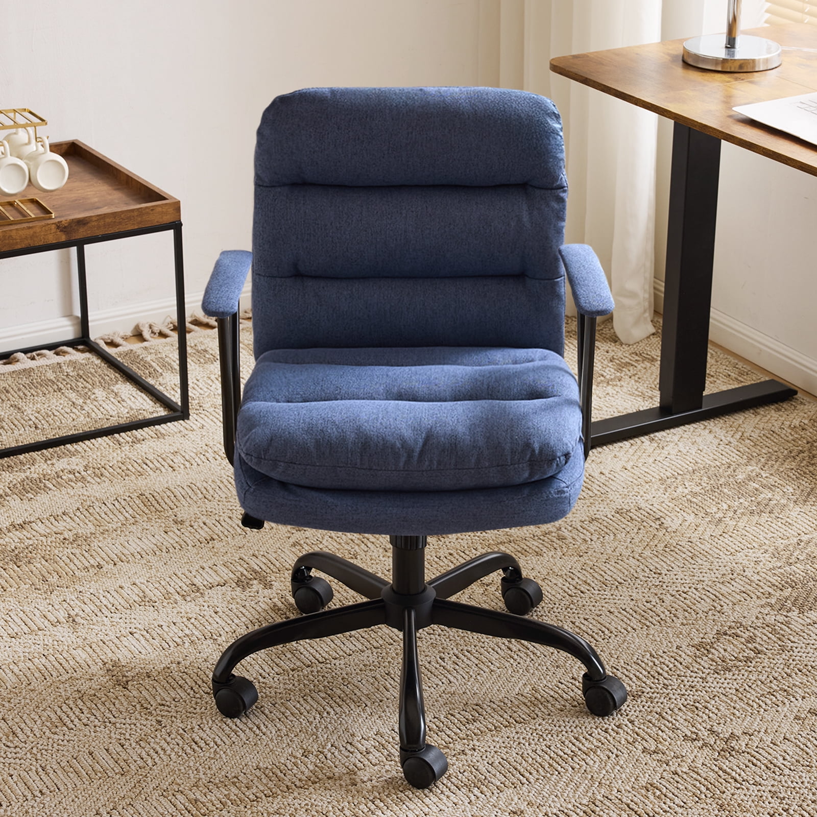 Ktaxon Office Chair with Armrests, Linen Fabric Desk Chair with Wheels, Swivel Task Chair for Study Room or Dressing Vanity Area Blue