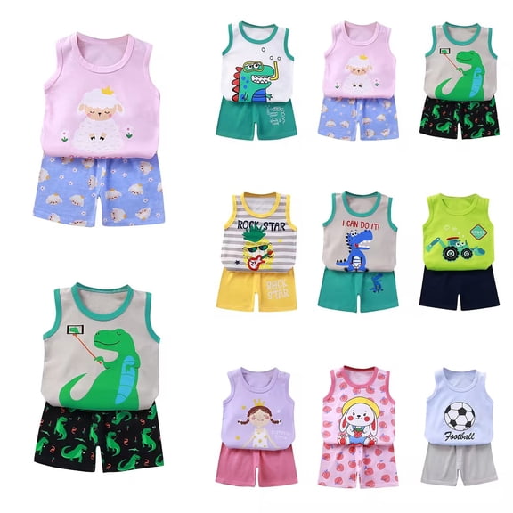 Bovxnpu Boys Girls 2 Piece Outfits, Girl Sleeveless Tee T Shirt Tank Top Shorts, Children's Sleeveless Round Neck Top Elastic Waist Shorts Casual Set 2 Years