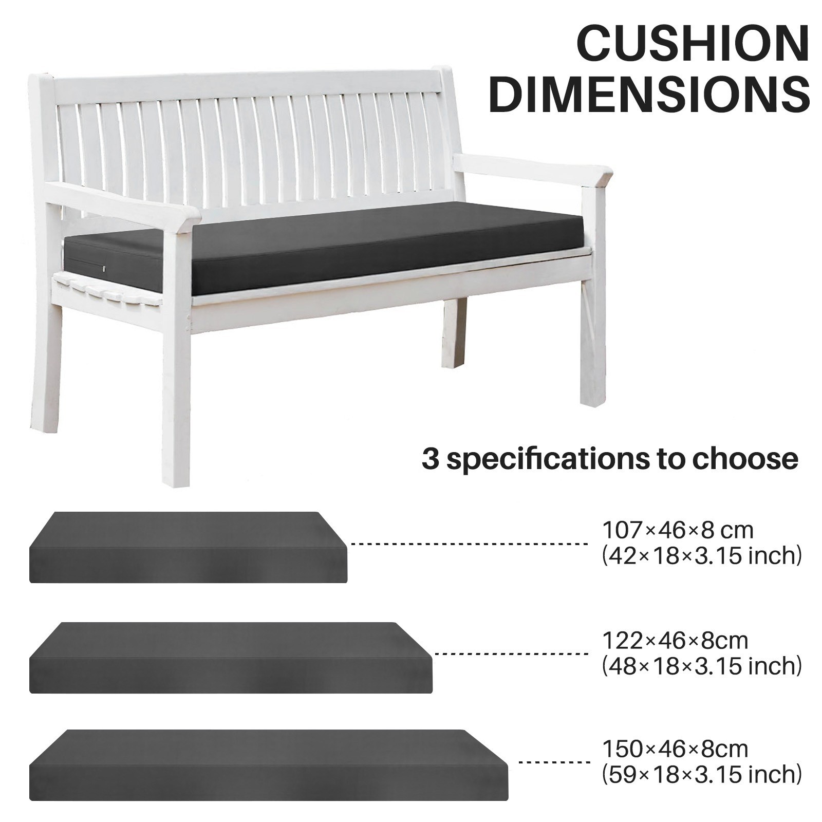 JIAN YA NA Outdoor Bench Cushions, Waterproof Swing Cushion Pads with Ties for Garden Patio Furniture (Dark Gray, for 3 Seater 150cm x 46cm)