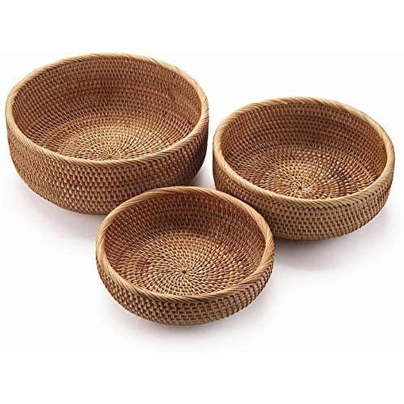 Natural Rattan Round Fruit Basket Bowls, Handwoven Storage Serving Baskets, Wicker Organizer for Dinning Room (Set of 3)