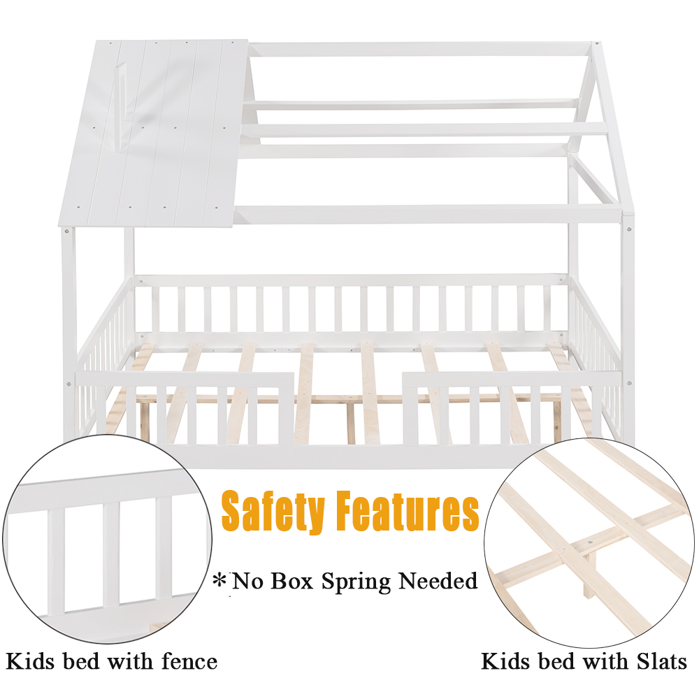 Bellemave Full House Bed, Full Size Wood Bed Frame with Roof and Fence, Montessori Beds Frame with Slats, No Box Spring Needed (White)