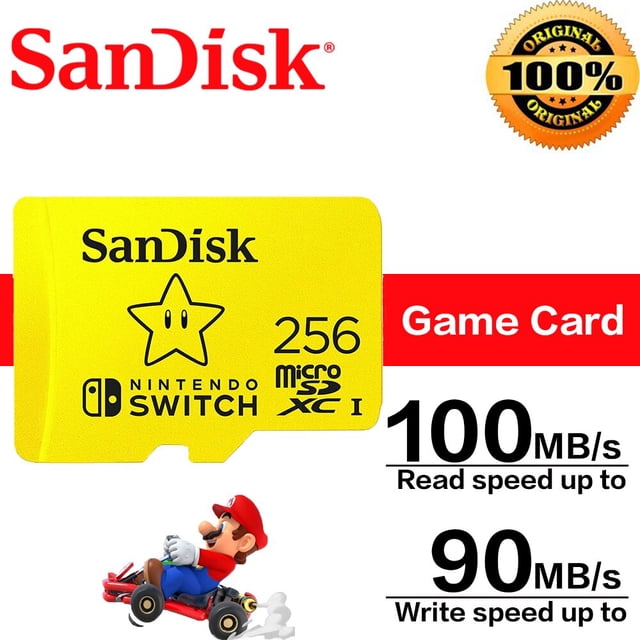 sandisk-tarjeta de memoria microsdxc para nintendo switch, 256GB tarjeta amarilla frontal con logo SanDisk y el icono Nintendo Switch, texto visible '256 microSDXC I', banda roja con 'Game Card' y rótulos que indican '100 MB/s lectura' y '90 MB/s escritura', fondo blanco con sello dorado '100% original'.
