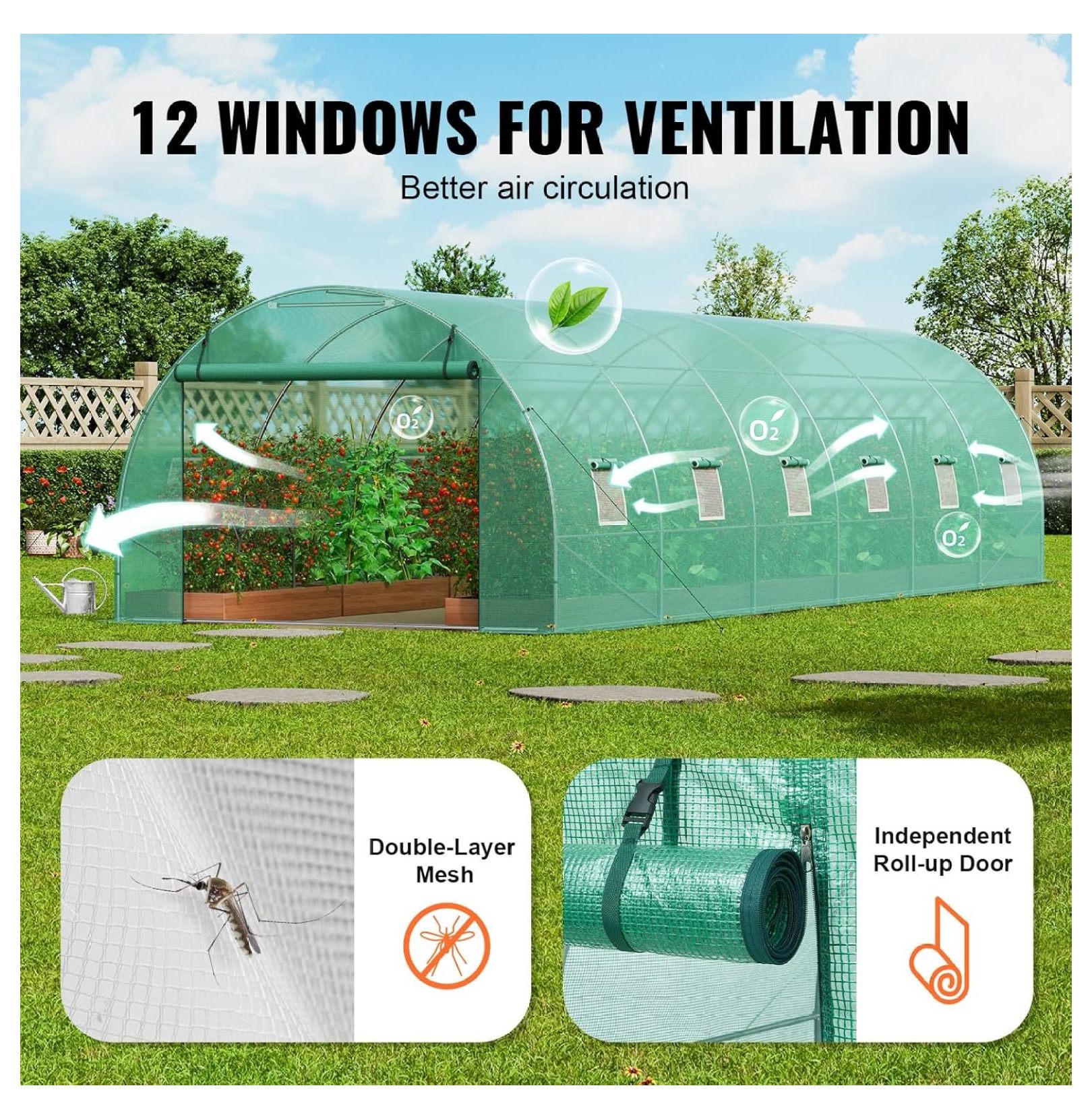SONGMY Walk-in Tunnel Greenhouse, 29.2x9.7x6.5 ft Hoop House Greenhouse Tunnel, Plant Hot House with Galvanized Steel Frame, Green PE Cover, Roll-up Zipper Door and 12 Windows for Outdoor