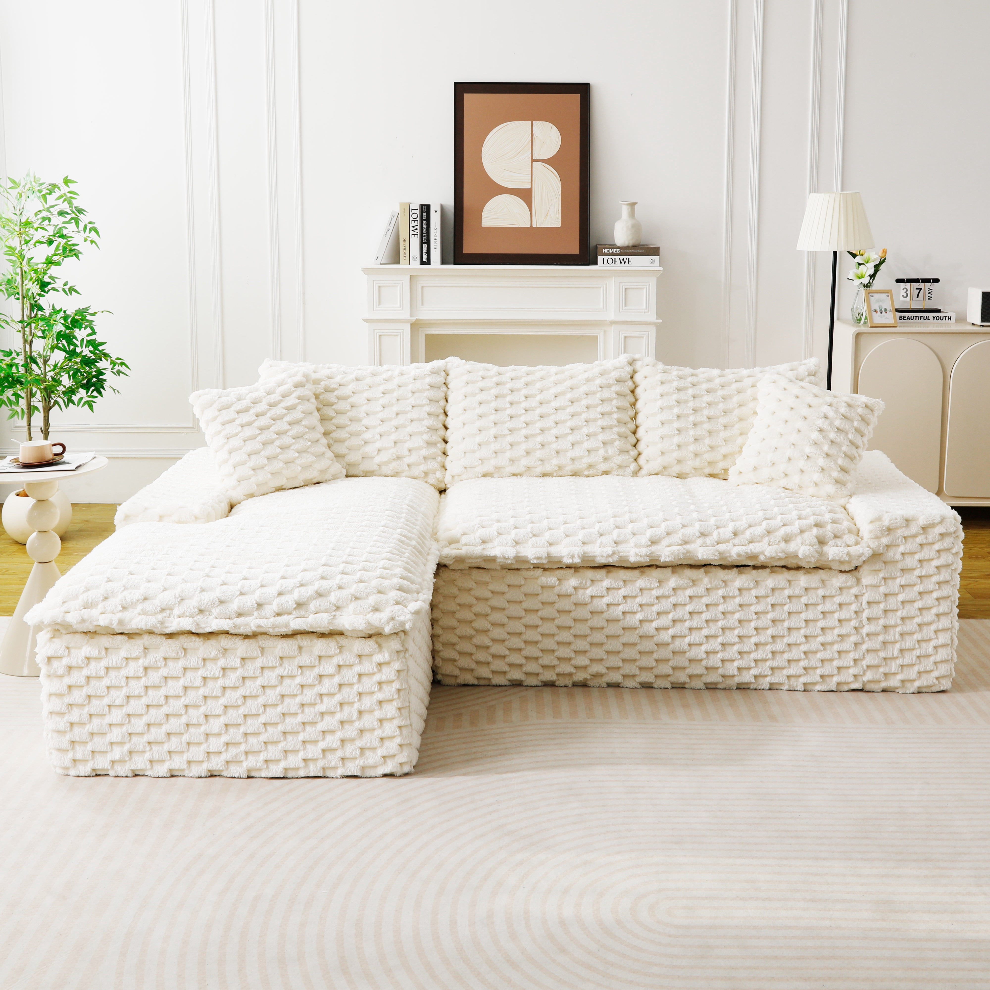 HOQBN 96"W Modular Sectional Sofa,L Shape Modern Corduroy Cloud Couch,Upholstered Deep Seat Boneless Sofa Couch with Left Chaise Lounge for Living Rooms,No Assembly Required,White