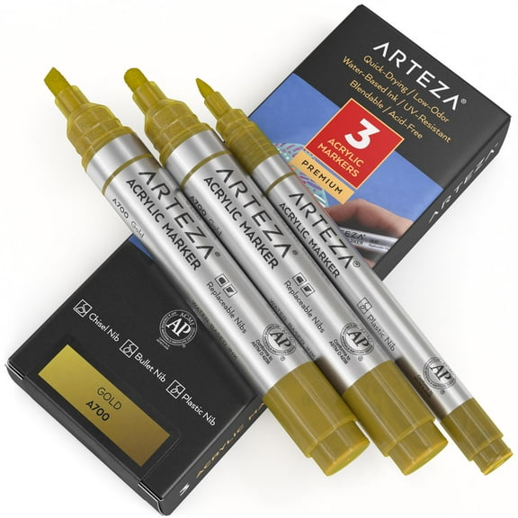 Arteza Acrylic Markers (A700 Gold), 2 Big Barrel (chisel bullet nib)   1 Small Barrel, Single Color - 3 Pack