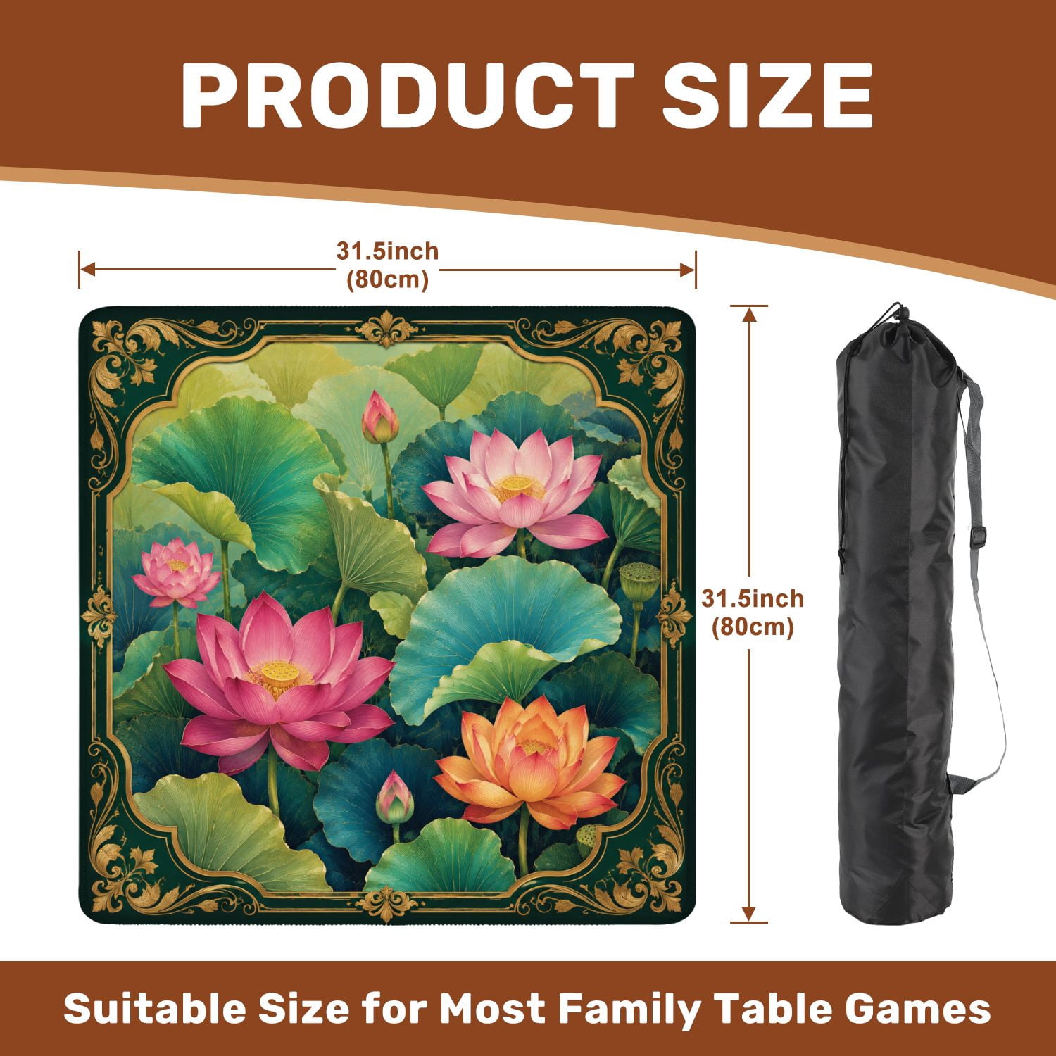 Mahjong Mat 31.5" x 31.5" Greenery Vibrant Blossoms Intricate Ginkgo Lotus Flowers Non-Slip Noise Reduction Chic Portable Gaming Table Cover for Family Game Night & Gift
