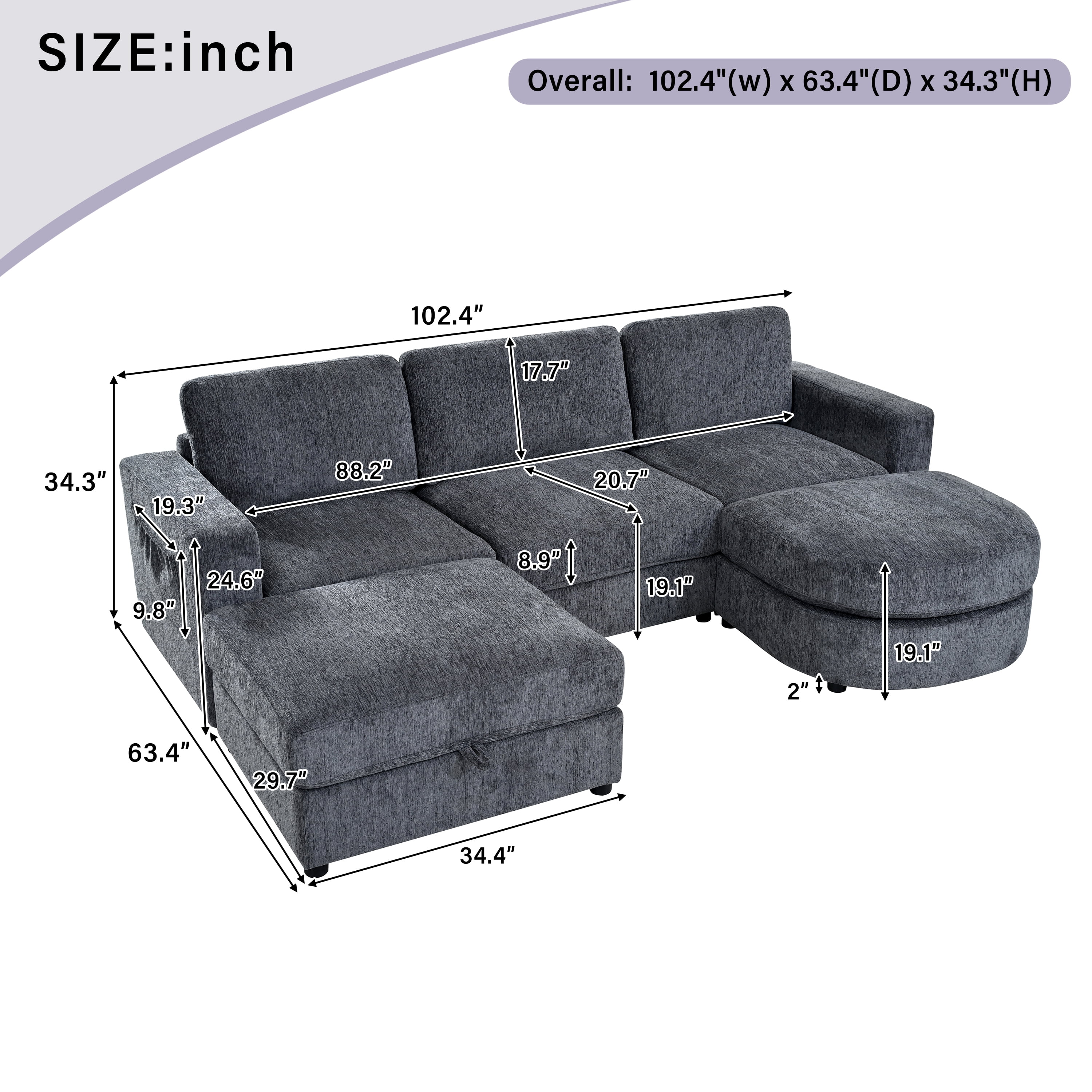 Wakefit 102.4" U-Shaped Sectional Sofa with Storage Ottoman & Curved Chaise,Modern Chenille Modular Couch with Drop-Down Console,Built-in Cup Holders & Side Pockets for Living Room,Grey