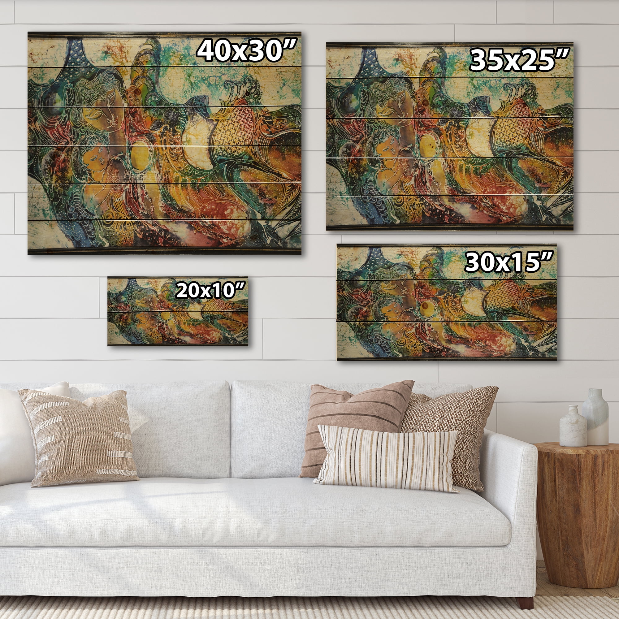 Designart 'Child With Mother With Batik' Modern Print on Natural Pine Wood