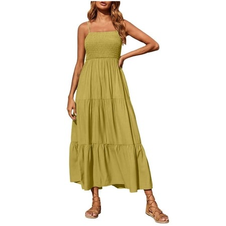 

Formal Dresses for Women Plus Size Dress for Women Women s Bohemian Spaghetti Strap Smocked Tiered Long Beach Sun Dresses Sleeveless Solid Maxi Dress on Clearance Dresses for Women Yellow L