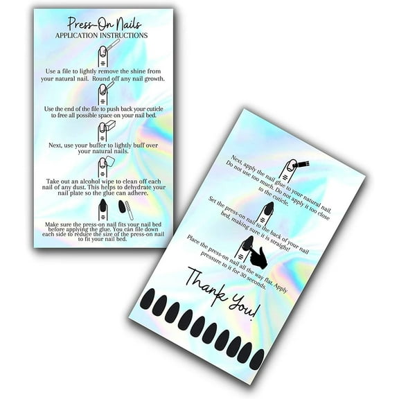 Boutique Marketing LLC Press-On Nail Application Instructions Cards  50 Pack  2x3.5 inch Business Card Size  Non-Reflective Matte Holographic Look Design, rainbow, black, white, holographic look