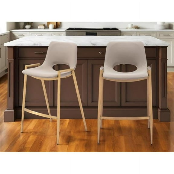 HomeRoots 555657 26 in. Beige & Gold Faux Leather & Steel Low Back Counter Height Bar Chairs - Set of 2