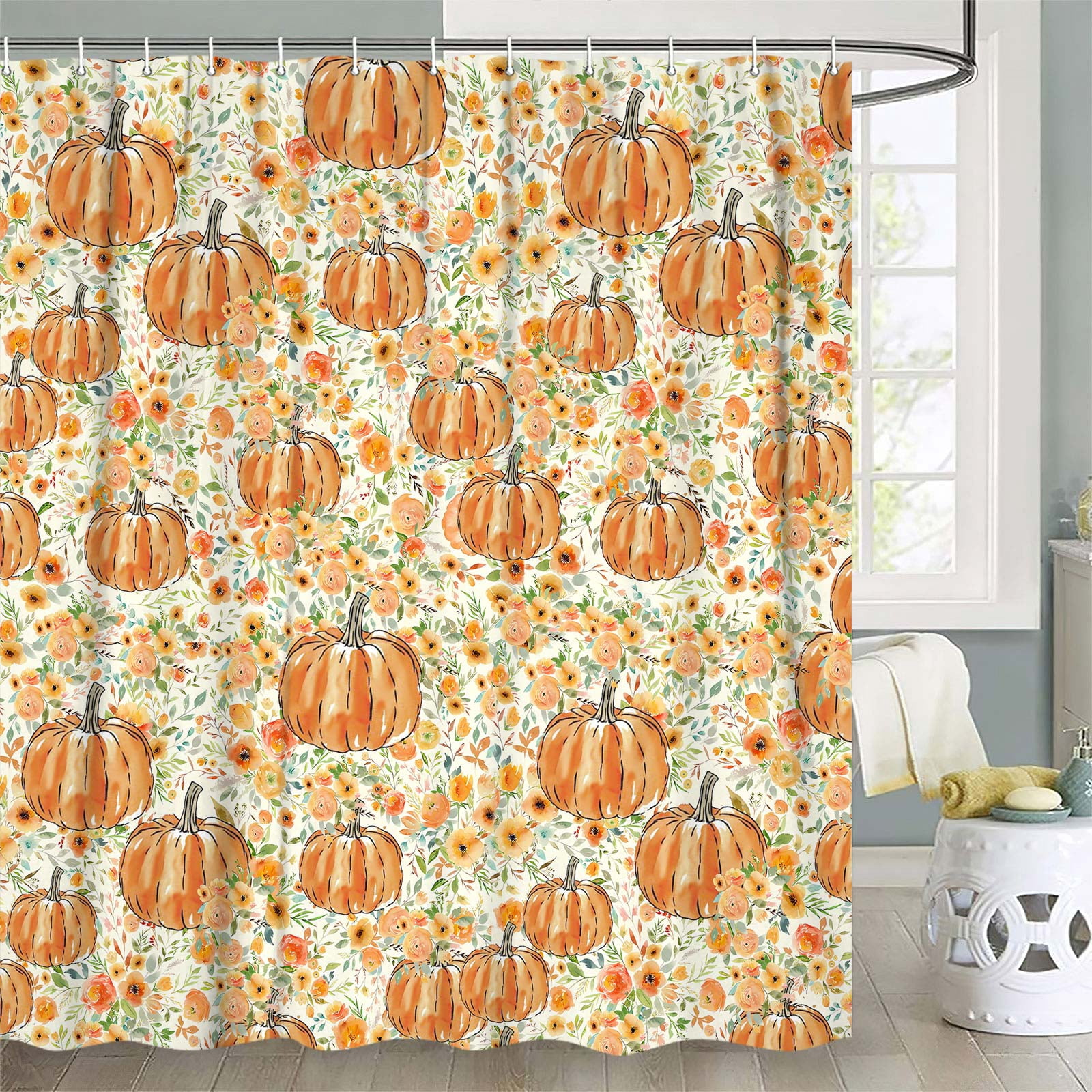 Fall Thanksgiving Shower Curtain,Pumpkin Floral Bathroom Curtains,Autumn Polyester Fabric Bathroom Accessories Festival Holiday Decor with Hooks,69X70 in