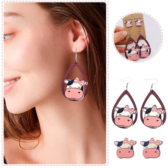 QIQUWOHUL New Cute Cow Wooden Earrings And Earrings Set