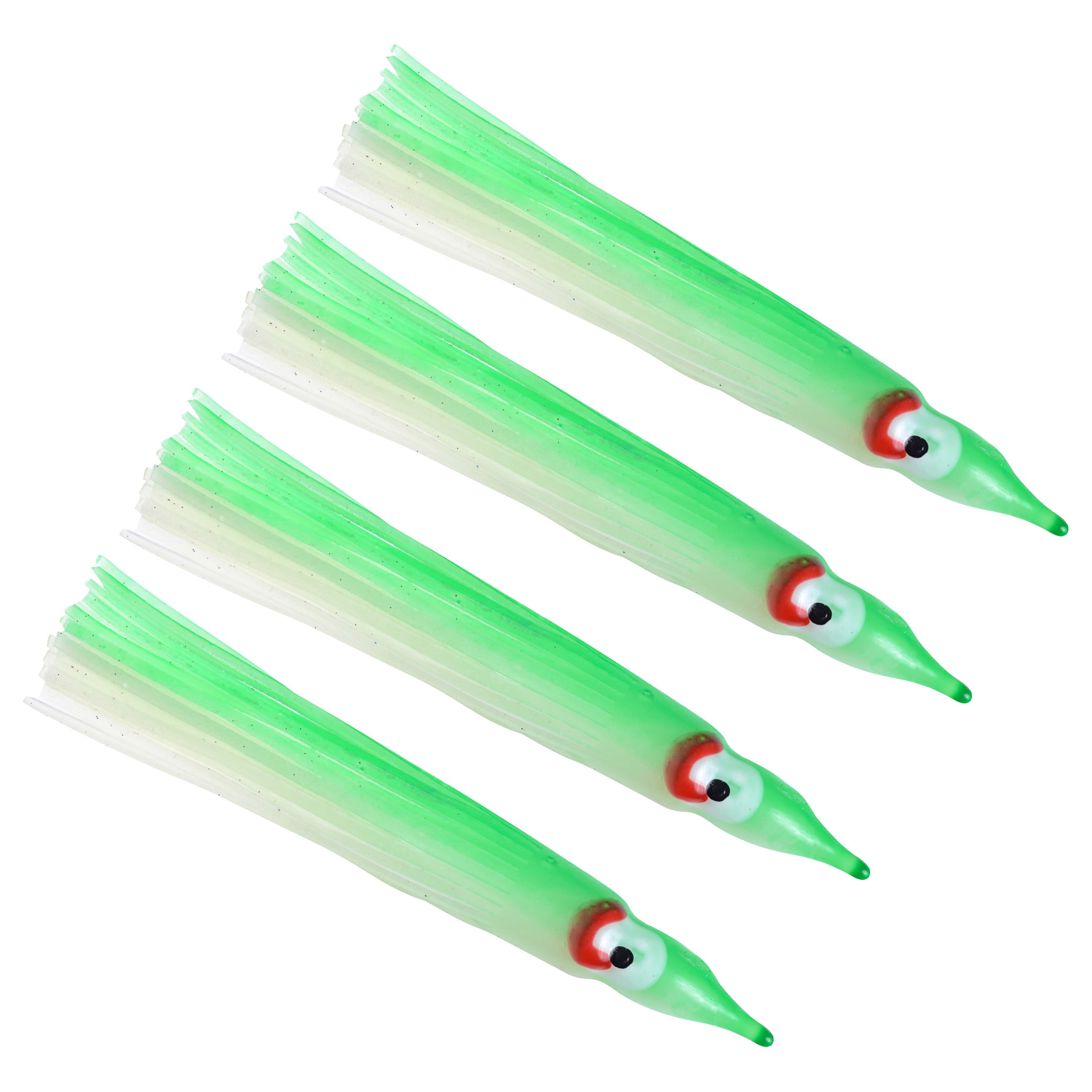Danielson Rigged Vinyl Squid Bait Salmon Fishing Lure, Glow/Green Streak, 2 1/2", 4-pack