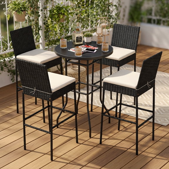 Resenkos 4-Pack Outdoor Wicker Bar Stools with Backrest, Footrest & Removable Off-White Cushions – Heavy-Duty PE Rattan & Metal Frame for Patio, Poolside & Balcony