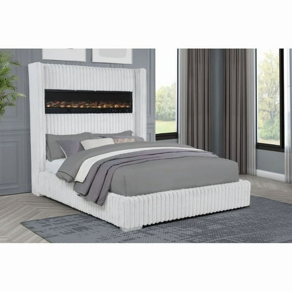 Velvet Upholstered Eastern King Size Bed with Electric Fireplace, USB Port, Modern Bedroom Bed Frame, Cream