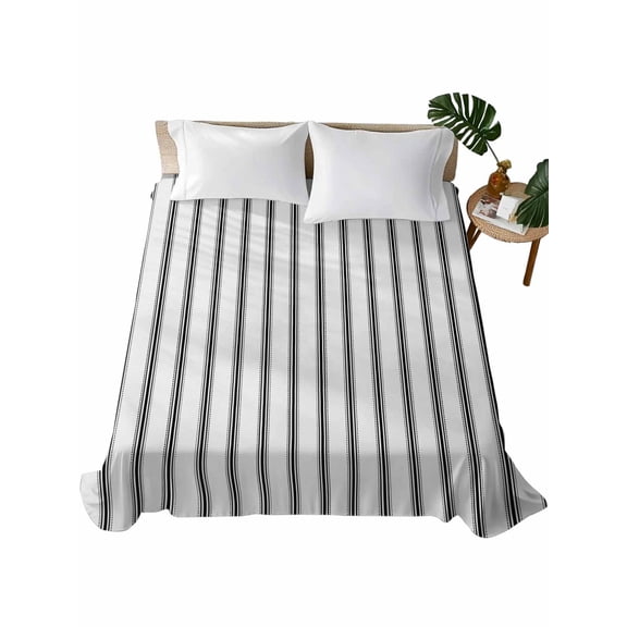 King Size Flat Sheet Only, Black Striped Soft Brushed Microfiber Bed Sheets, Black White Stripes Farmhouse Hotel Quality Breathable Bedding Top Sheet, Easy Care, 105"x98"
