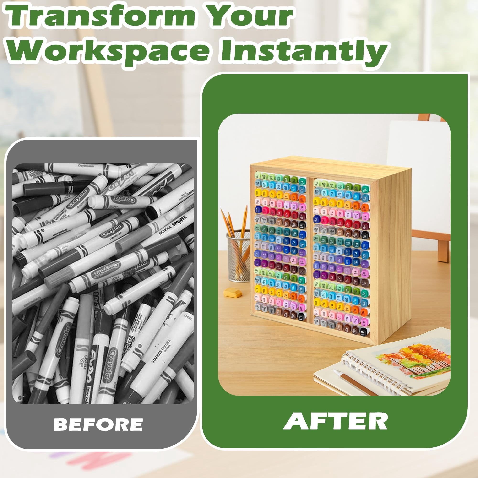 Marker Organizer For 224 Markers Wooden Holder With 32 Slots  Pens Pencils Art Supply Storage Desk Home Classroom Office Decor(natural 15"x11"x5.2 ")