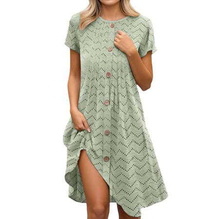 DGMIOCS Women s Button Down Dress for Everyday Relaxed Fit with Short Sleeves Round Neck and Decorative Details Women’s A-Line Dress Tunic Beachwear Light Green XL