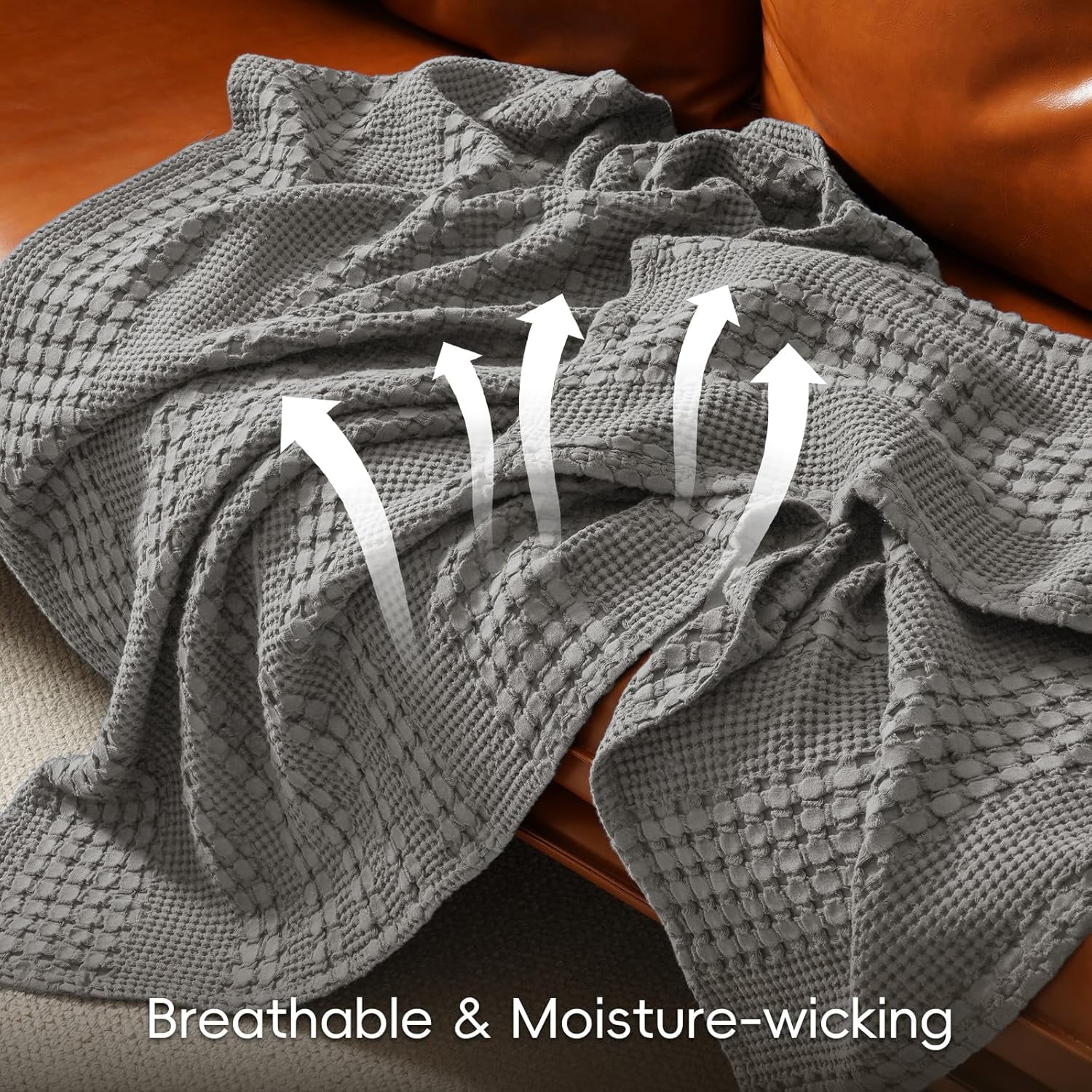 PHF 100% Cotton Waffle Weave Blanket, Lightweight King Washed Blanket for Bed Sofa Home Decor, Dark Grey, 108"x90"