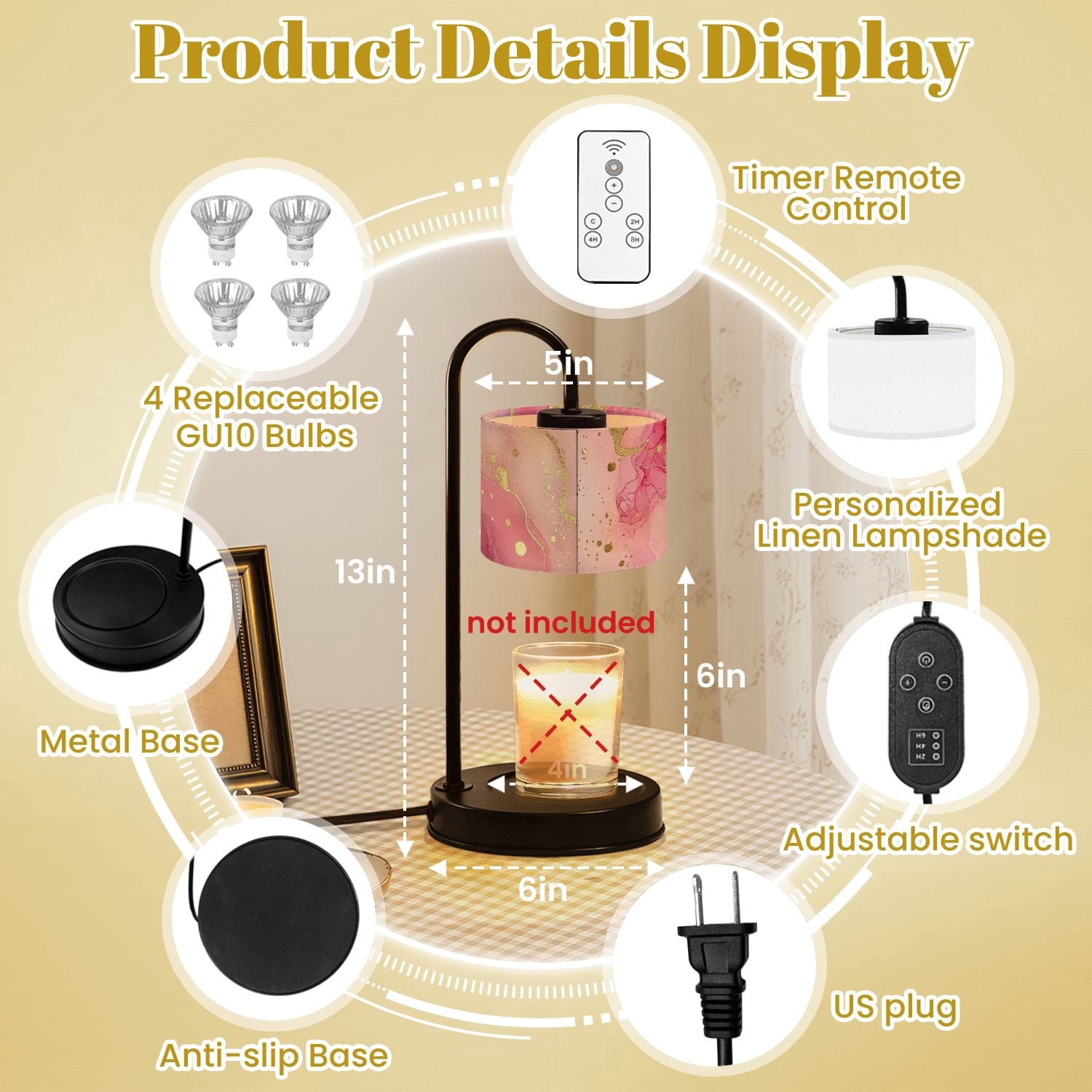 Candle Warmer Lamp with Timer Dimmer Abstract Pink Gold Fluid Art Elegant Swirls Bold Accents Candle Lamp Warmer for Jar Candle with 4 Bulbs Gifts for Women House Warming Gifts