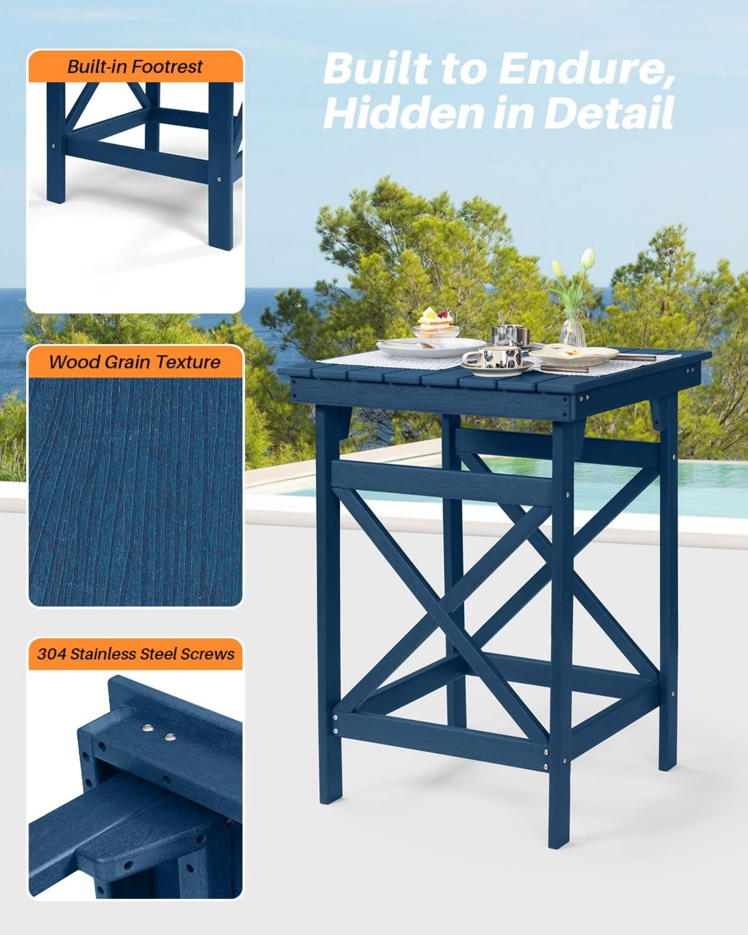 HDPE Outdoor Bar Table, 41" Adirondack Patio Bar Height Table, Weather Resistant High Top Pub Table for Poolside, Balcony, Porch, Garden, Navy