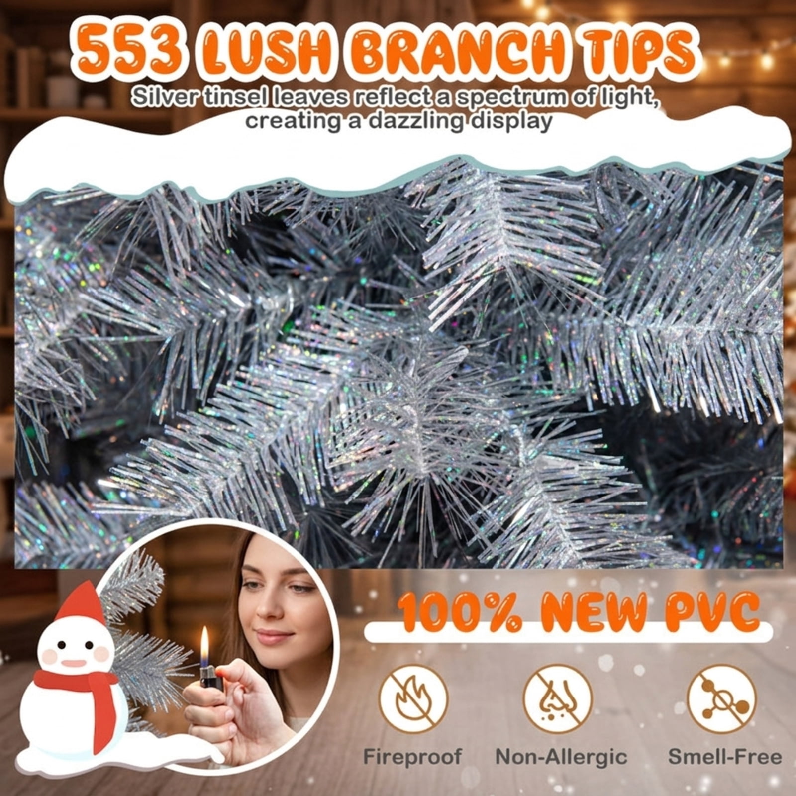 RUIE 6 ft Silver Tinsel Christmas Tree, Pre-Lit Artificial Xmas Tree with 230 LED Lights and 553 Branch Tips, Metallic Holiday Tree