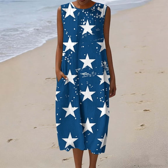 4th of July Dresses for Women Summer Cotton Crew Neck Sleeveless Tank Dress Independence Day Print Beach Long Dresses with Pockets