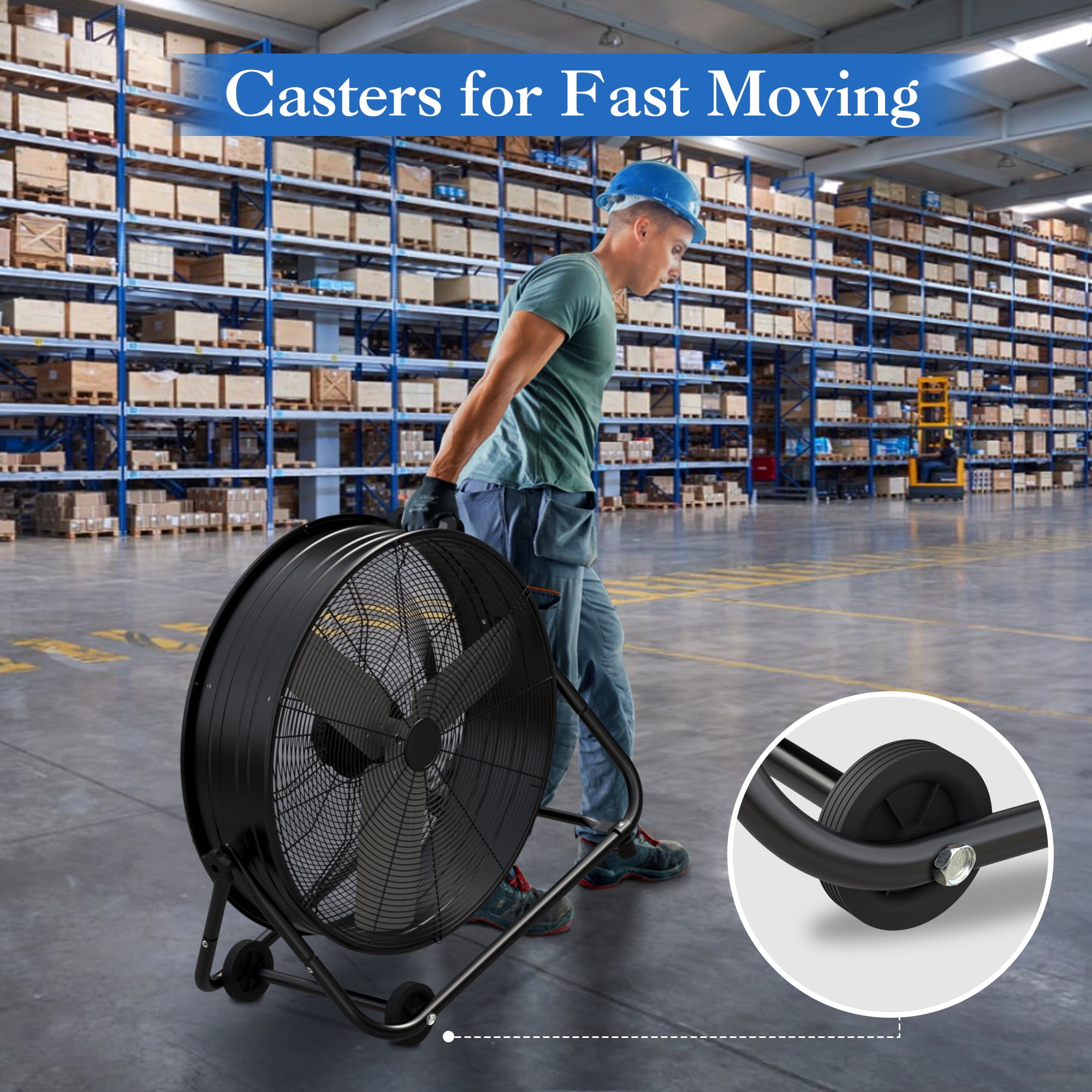 24” Industrial Drum Fan, 9260 CFM High Velocity Floor Fan, 3 Speed Air Circulator w/180°Tilt, Black