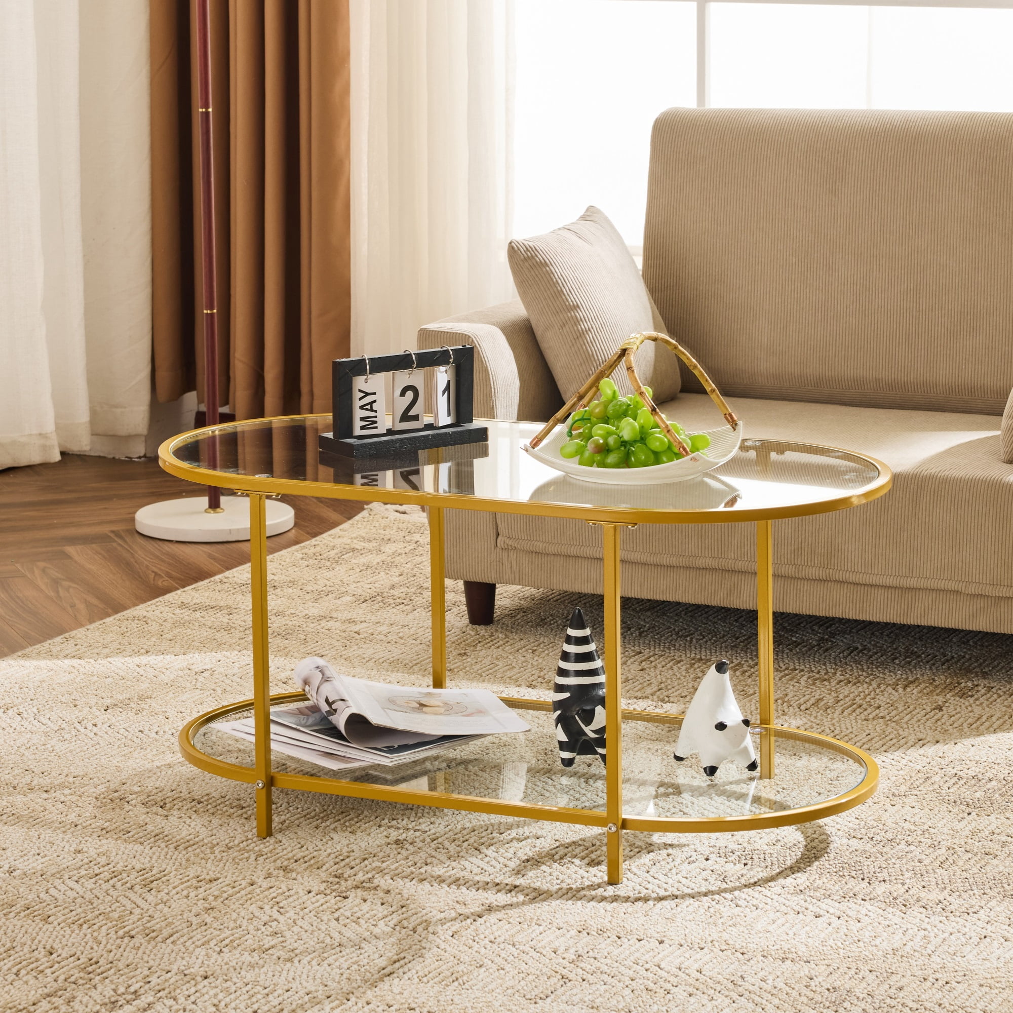 Ktaxon Rustic Coffee Table, Transparent Glass 2-Tier Oval Vintage Minimalist Design Center Table Rust Resistant Narrow Table for Living Room, Gold