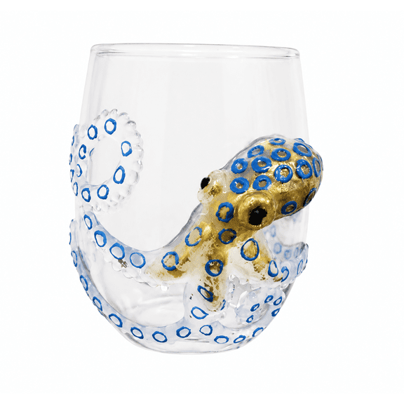 3D Stereoscopic Octopuses Design Glass Tumbler 12 oz–Handcrafted Borosilicate Drinking Cup with Blue-Ringed Art,Coastal Ocean Themed Bar Glassware for Home,Kitchen,Unique Life Gift for Sea Lovers,1Pc