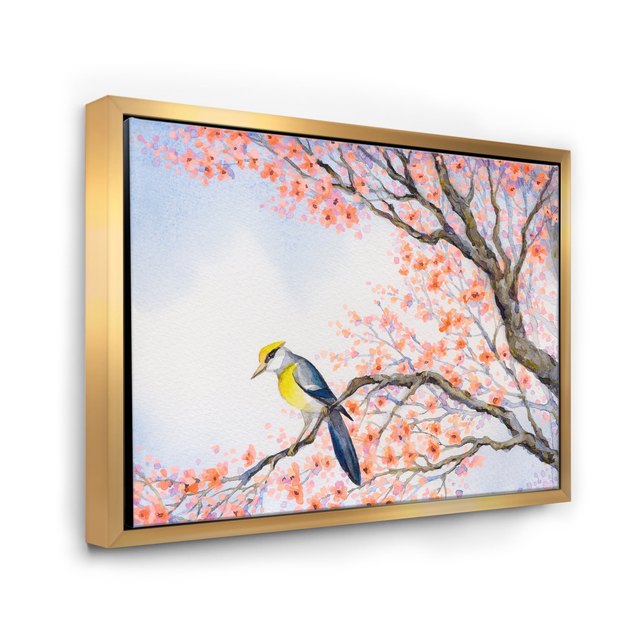 Designart 'Beautiful Blue Bird Sitting On Flowering Branch I' Traditional Framed Canvas Wall Art Print