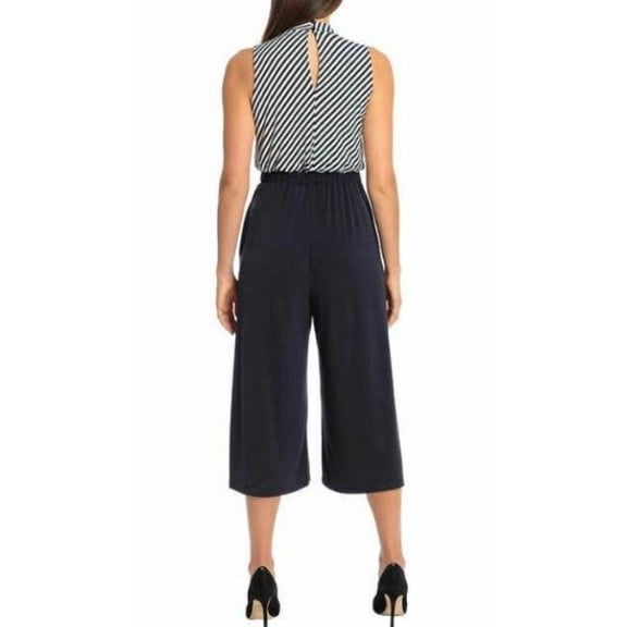 Sandra Darren Women's Belted Crop Jumpsuit with Pockets (Striped/ Navy, Large)