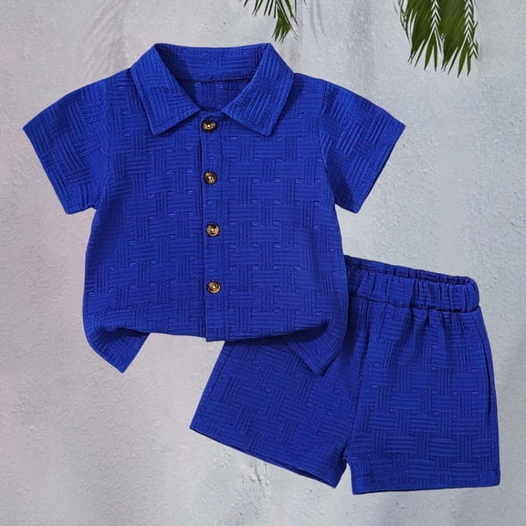 2 Piece Kids Solid Color Short Sleeve Button Down Shirt And Shorts Set Soft Breathable Cotton Casual Summer Outfit For Toddlers,Blue,9M