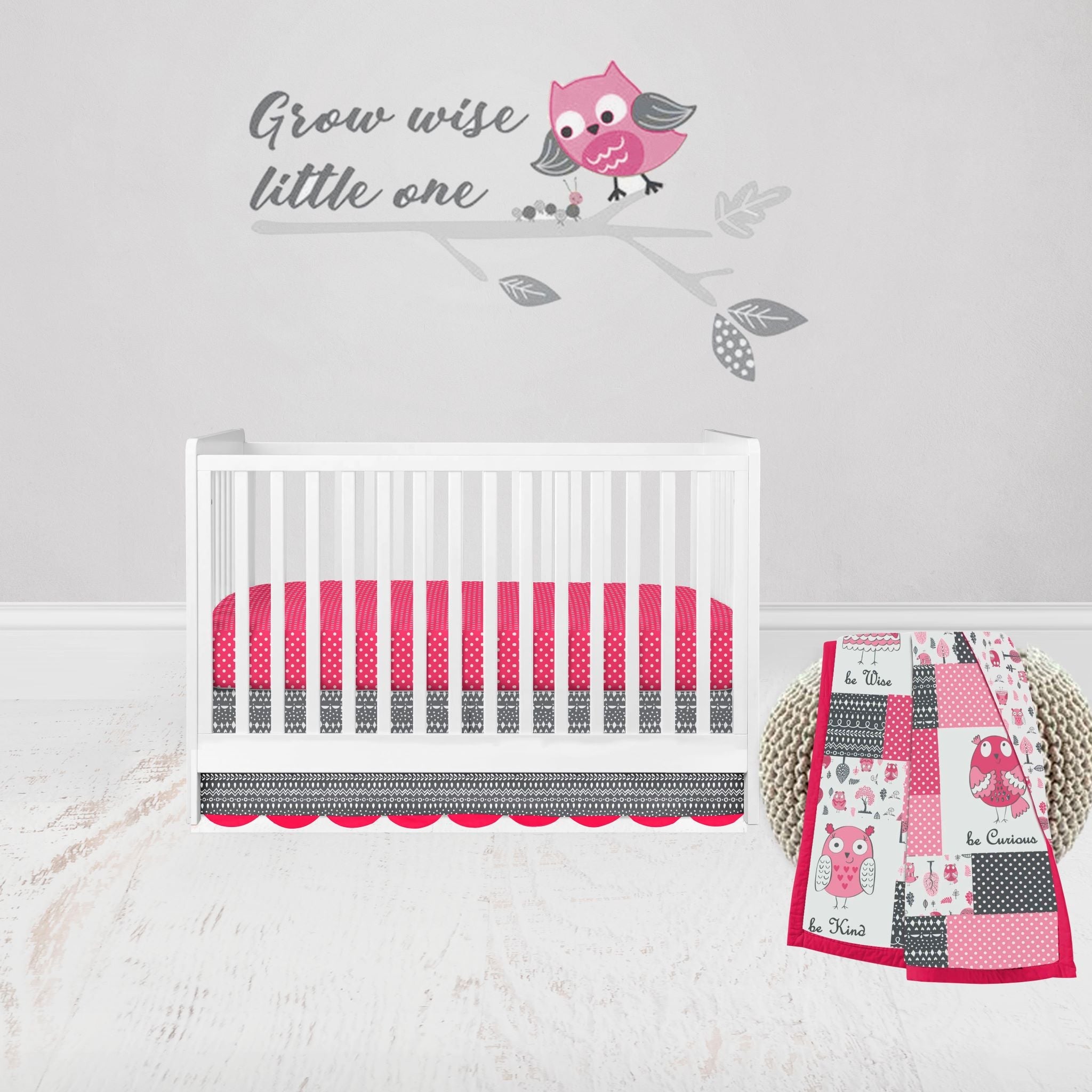 Bacati - Owls in the Woods 3-Piece Crib Bedding Set - Pink/Grey Girls
