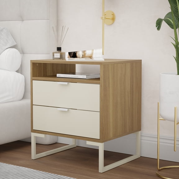 Kappesberg Collins 2-Drawer Nightstand with Open Shelf, Light Brown & Cream, Mid-Century Modern