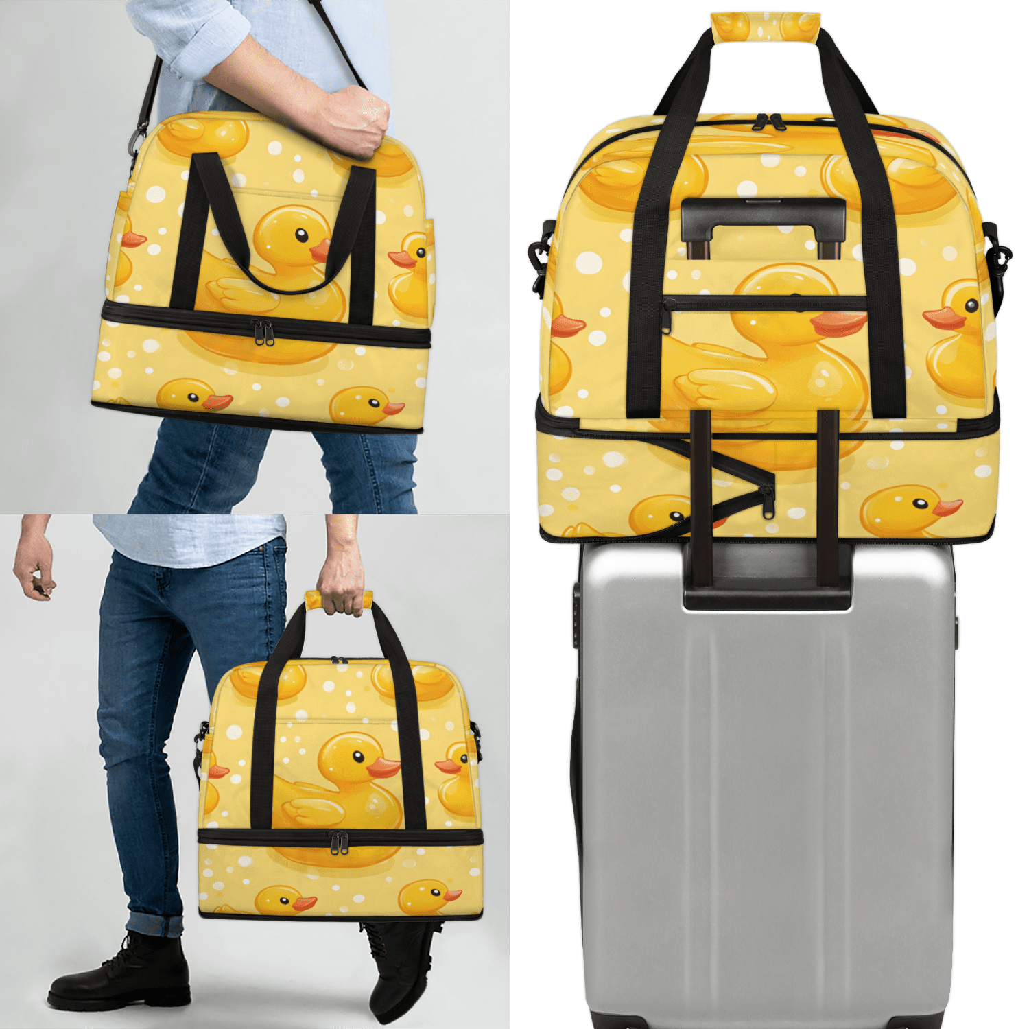 Herdesigns Yellow Duck Foldable Travel Duffel Bag for Women Men, Polka Dots Weekend Overnight Carry On Bags with Shoe Compartment